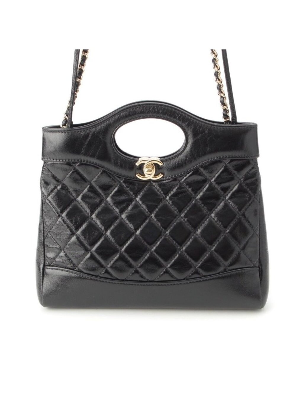 Chanel 31 Trantean Mini Shiny Calf Shopping 2-Way Shoulder Handbag Black
